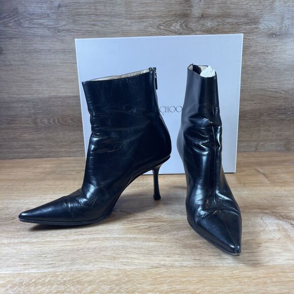 Jimmy Choo Black Pointy Toe Leather Bootie Boots Size 37.5 US 7.5 W Box - Picture 1 of 13